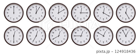 Sequence of dark brown wooden wall clocks showing time progression from 0:00 or 12:00 to 0:55 or 12:55. Ideal for concepts of time management, scheduling, and time flow. Sequence of dark brown wooden wall clocks showing time progression from 0:00 or 12:00 to 0:55 or 12:55. Ideal for concepts of time management, scheduling, and time flow. 124918436
