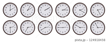 Sequence of dark brown wooden wall clocks showing time progression from 2:00 or 14:00 to 2:55 or 14:55. Ideal for concepts of time management, scheduling, and time flow. 124918438