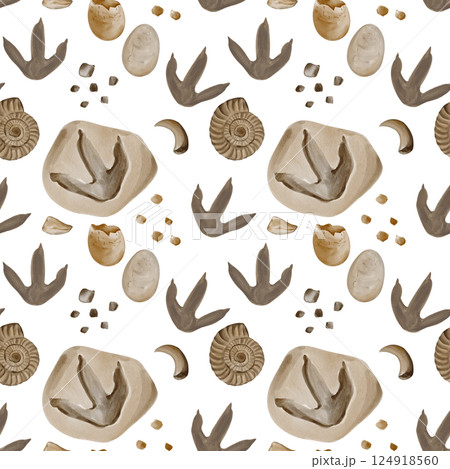 Seamless pattern with fossils. Dinosaur footprints. Reptile eggs. Stones and pebbles. Watercolor illustration without background. Hand-drawn. Teeth and fangs of predators. High quality illustration Seamless pattern with fossils. Dinosaur footprints. Reptile eggs. Stones and pebbles. Watercolor illustration without background. Hand-drawn. Teeth and fangs of predators. High quality illustration 124918560