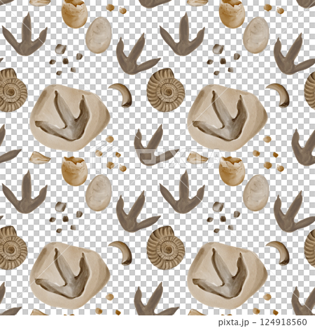 Seamless pattern with fossils. Dinosaur footprints. Reptile eggs. Stones and pebbles. Watercolor illustration without background. Hand-drawn. Teeth and fangs of predators. High quality illustration Seamless pattern with fossils. Dinosaur footprints. Reptile eggs. Stones and pebbles. Watercolor illustration without background. Hand-drawn. Teeth and fangs of predators. High quality illustration 124918560