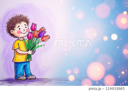 プレゼントのチューリップの花束を持って立っている少年のクレヨン画 124918865