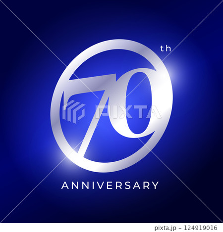 Elegant 70th Anniversary Logo Design With Silver Metallic Number On Blue Background. Luxury Celebration Emblem For Event, Company Birthday, Milestone, Or Award Ceremony. Vector Illustration 124919016