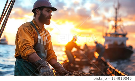 the man is a sailing ship on the boat 124919049