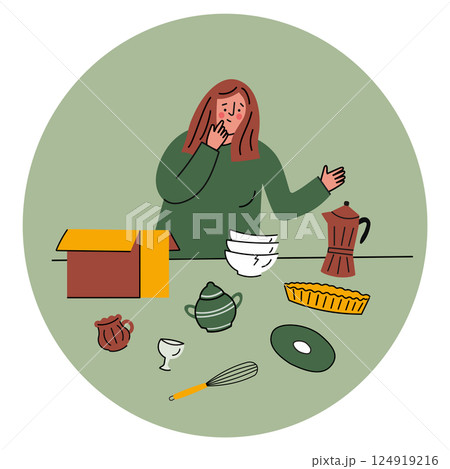 Woman sorting kitchen items Woman sorting kitchen items 124919216