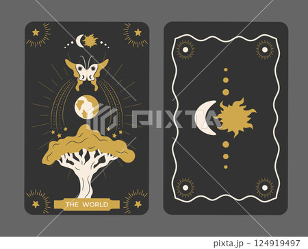Major Arcana Tarot card the World. Tarot symbolism. Mystery, astrology, esoteric. Vector illustration 124919497