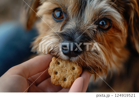 Small dog joyfully munches on a tasty biscuit from a loving hand 124919521