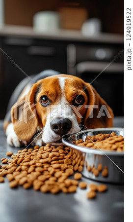 Cheerful Beagle dog relaxing beside bowl filled with tasty dog food 124919522