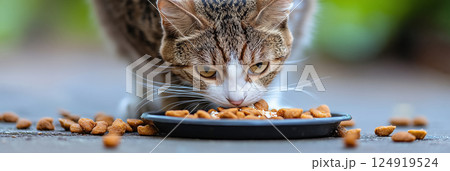 Curious feline enjoys a tasty meal outdoors in the warm afternoon sunlight 124919524