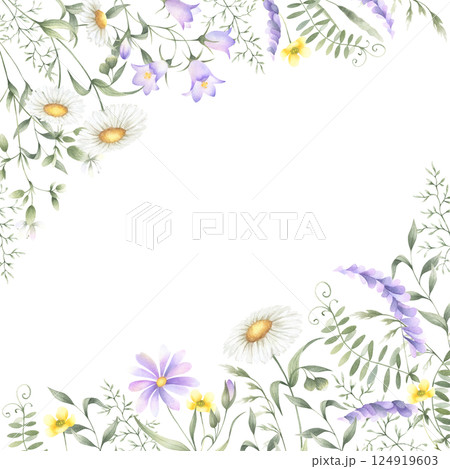 Watercolor wildflowers chamomile, bellflower, buttercup, mouse pea and meadow grasses. Hand drawn isolated square frame of yellow and lilac flowers with copy space for invitations, postcard, cards. Watercolor wildflowers chamomile, bellflower, buttercup, mouse pea and meadow grasses. Hand drawn isolated square frame of yellow and lilac flowers with copy space for invitations, postcard, cards. 124919603