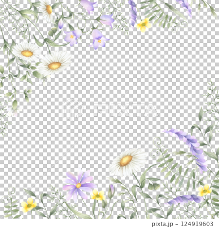 Watercolor wildflowers chamomile, bellflower, buttercup, mouse pea and meadow grasses. Hand drawn isolated square frame of yellow and lilac flowers with copy space for invitations, postcard, cards. Watercolor wildflowers chamomile, bellflower, buttercup, mouse pea and meadow grasses. Hand drawn isolated square frame of yellow and lilac flowers with copy space for invitations, postcard, cards. 124919603