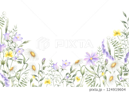 Watercolor wildflowers chamomile, bellflower, buttercup, mouse pea and meadow grasses. Hand drawn isolated rectangular frame of yellow and lilac flowers with copy space for invitation, postcard, card. Watercolor wildflowers chamomile, bellflower, buttercup, mouse pea and meadow grasses. Hand drawn isolated rectangular frame of yellow and lilac flowers with copy space for invitation, postcard, card. 124919604