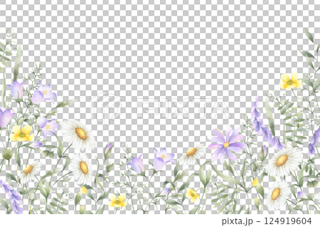 Watercolor wildflowers chamomile, bellflower, buttercup, mouse pea and meadow grasses. Hand drawn isolated rectangular frame of yellow and lilac flowers with copy space for invitation, postcard, card. Watercolor wildflowers chamomile, bellflower, buttercup, mouse pea and meadow grasses. Hand drawn isolated rectangular frame of yellow and lilac flowers with copy space for invitation, postcard, card. 124919604