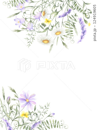 Floral postcard of watercolor wildflowers chamomile, bellflower, buttercup and meadow grasses isolated from background with copy space, A4. Hand drawn yellow and lilac flowers for cards, invitations. Floral postcard of watercolor wildflowers chamomile, bellflower, buttercup and meadow grasses isolated from background with copy space, A4. Hand drawn yellow and lilac flowers for cards, invitations. 124919605