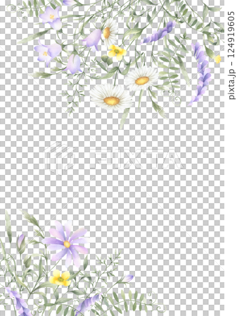 Floral postcard of watercolor wildflowers chamomile, bellflower, buttercup and meadow grasses isolated from background with copy space, A4. Hand drawn yellow and lilac flowers for cards, invitations. Floral postcard of watercolor wildflowers chamomile, bellflower, buttercup and meadow grasses isolated from background with copy space, A4. Hand drawn yellow and lilac flowers for cards, invitations. 124919605