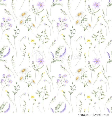 Seamless floral pattern of watercolor wildflowers chamomile, bellflower, buttercup, mouse pea and grasses isolated from background. Hand drawn meadow yellow and lilac flowers for textile print, cards. Seamless floral pattern of watercolor wildflowers chamomile, bellflower, buttercup, mouse pea and grasses isolated from background. Hand drawn meadow yellow and lilac flowers for textile print, cards. 124919606