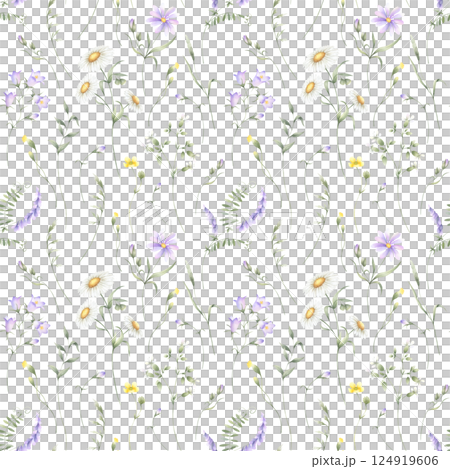 Seamless floral pattern of watercolor wildflowers chamomile, bellflower, buttercup, mouse pea and grasses isolated from background. Hand drawn meadow yellow and lilac flowers for textile print, cards. Seamless floral pattern of watercolor wildflowers chamomile, bellflower, buttercup, mouse pea and grasses isolated from background. Hand drawn meadow yellow and lilac flowers for textile print, cards. 124919606