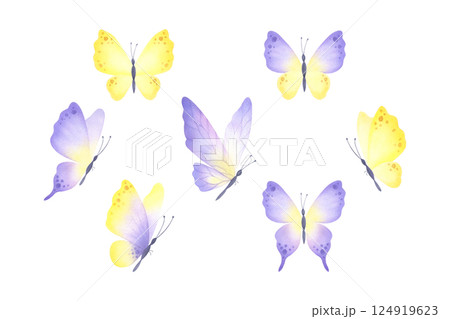 Set of pastel yellow and lilac butterflies. Hand drawn watercolor isolated illustration of different delicate insects for romantic, wedding cards and invitations, fabric print, postcard and sticker. Set of pastel yellow and lilac butterflies. Hand drawn watercolor isolated illustration of different delicate insects for romantic, wedding cards and invitations, fabric print, postcard and sticker. 124919623