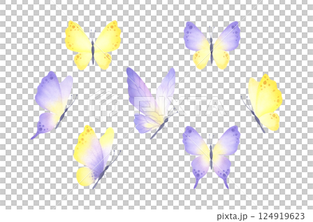 Set of pastel yellow and lilac butterflies. Hand drawn watercolor isolated illustration of different delicate insects for romantic, wedding cards and invitations, fabric print, postcard and sticker. Set of pastel yellow and lilac butterflies. Hand drawn watercolor isolated illustration of different delicate insects for romantic, wedding cards and invitations, fabric print, postcard and sticker. 124919623