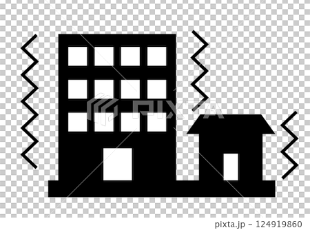 地震中搖晃的建築物和房屋的輪廓 124919860