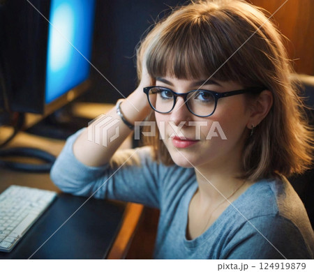 パソコンのモニターの前にいる眼鏡をかけたかわいい女性 パソコンのモニターの前にいる眼鏡をかけたかわいい女性 124919879