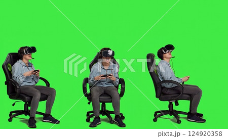 Frustrated gamer losing at video games on mobile phone app, playing with vr glasses and artificial intelligence against greenscreen. Displeased furious girl gets angry with her failure. Camera A. Frustrated gamer losing at video games on mobile phone app, playing with vr glasses and artificial intelligence against greenscreen. Displeased furious girl gets angry with her failure. Camera A. 124920358
