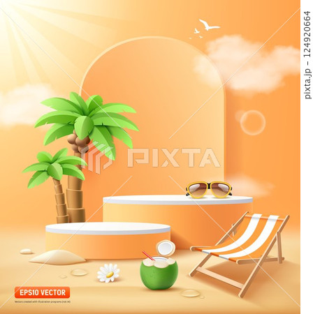 Summer podium orange color, coconut trees, pile of sand, coconut fruit, beach bed, poster design on orange background 124920664