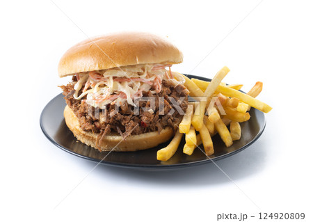 Pulled pork sandwich with coleslaw salad isolated on white background Pulled pork sandwich with coleslaw salad isolated on white background 124920809