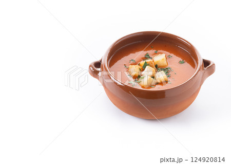 Traditional Spanish Gazpacho soup in bowl isolated on white background	 124920814
