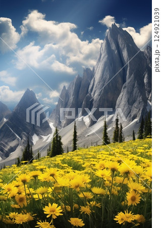 Blooming meadow among high mountains and flowers. Beauty in nature. 124921039