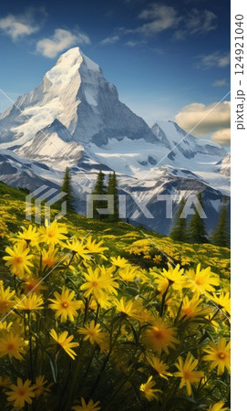 Blooming meadow among high mountains and flowers. Beauty in nature. 124921040
