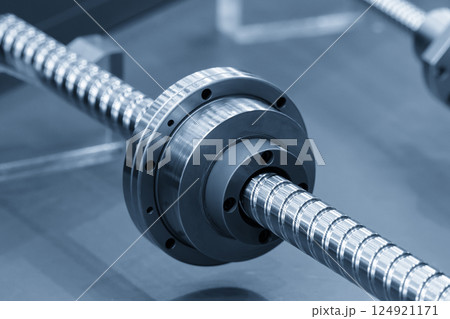 Closeup scene the spare parts  lead ball screw set in the light blue scene. 124921171