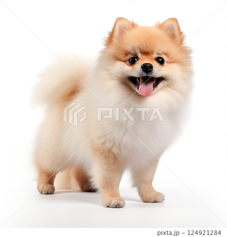 Fluffy pomeranian puppy standing on pristine background, tongue out, panting happily with adorable expression and playful demeanor 124921284
