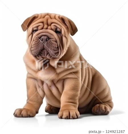 Adorable and Cute Shar Pei Puppy with Beautifully Wrinkled Skin and a Happy Expression isolated on white background 124921287