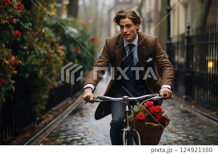 A young handsome man rides a vintage bicycle along the street of the old town. The concept of quiet luxury and old money 124921380