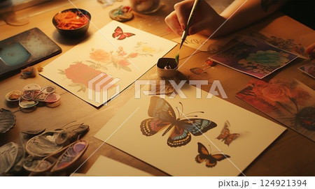 Creating intricate butterfly art in a lovely studio using a variety of colorful supplies and tools 124921394
