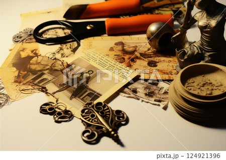 Vibrant abstract shapes and cutouts scattered across workspace, artist arranging mixed media artwork during creative composition process 124921396