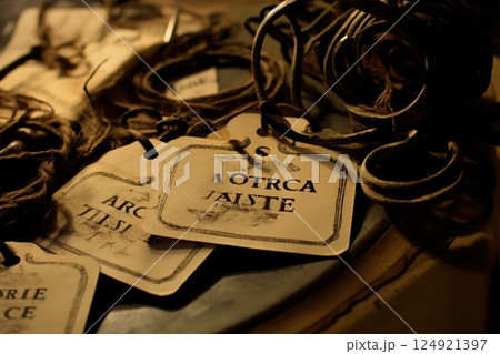 Vintage tags with handwritten notes nestled amid rusted wires, evoking nostalgic whispers of bygone moments and silent narratives 124921397