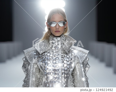 A stunning AvantGarde Fashion Show with dazzling Metallic Ensemble and unique style. A Woman Collection in trendy grey shiny shades 124921492