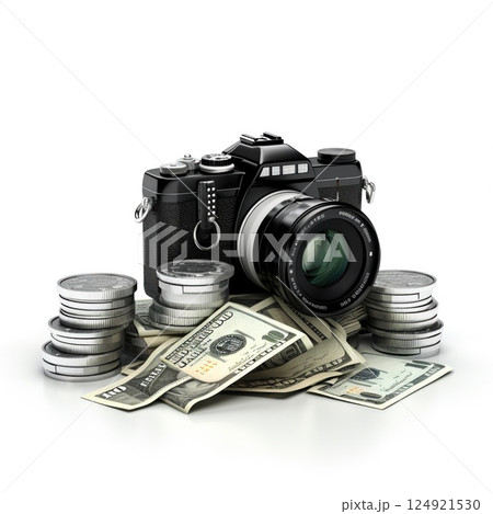Vintage camera resting on scattered dollar bills and coin stacks, highlighting financial dynamics of professional photography, earnings potential, and strategic investment 124921530