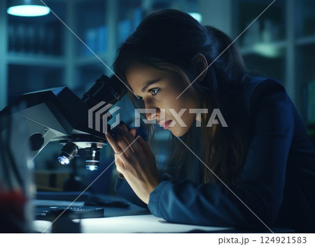 A Focused Scientist Engaged in Detailed Work Using a Microscope in a Laboratory Setting 124921583