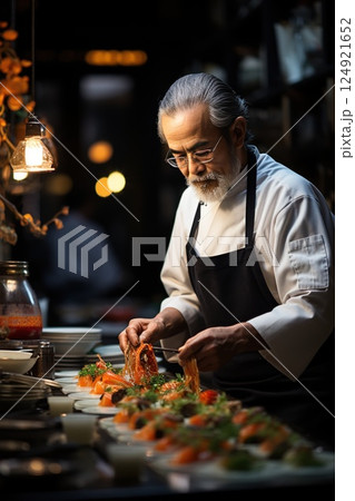 Skilled japanese chef garnishing delicate plates with fresh herbs using chopsticks, working in professional kitchen decorated with culinary ingredients 124921652