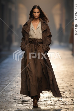 Elegant Fashion Runway Event Featuring the Stunning Autumn Woman Collection in trendy brown shades. A model showcases an outfit on the runway. Elegant Fashion Runway Event Featuring the Stunning Autumn Woman Collection in trendy brown shades. A model showcases an outfit on the runway. 124921675