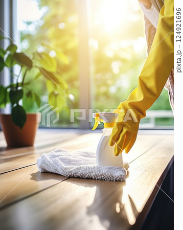 A woman diligently cleaning her window using a cloth in the warm natural light 124921696