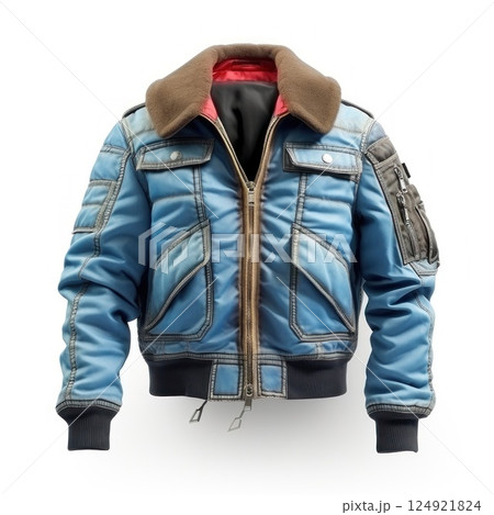 Blue denim and black leather bomber jacket with cozy shearling collar and cuffs for chic winter style and cold weather comfort 124921824