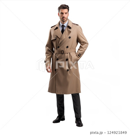 Serious man in long brown trench coat, gray trousers, and brown shoes posing with hands in pockets against white backdrop in studio shot 124921849