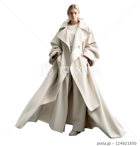 Chic model showcases a stylish beige trench coat paired perfectly with trendy boots Chic model showcases a stylish beige trench coat paired perfectly with trendy boots 124921850