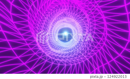 Vibrant purple and pink wireframe tunnel leading to a central glowing sphere, representing digital technology, futuristic design, and innovation background 124922013