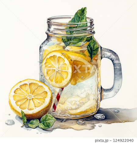 Watercolor lemonade with leaves on white background. Botanical clipart with citrus fruits for design Watercolor lemonade with leaves on white background. Botanical clipart with citrus fruits for design 124922040