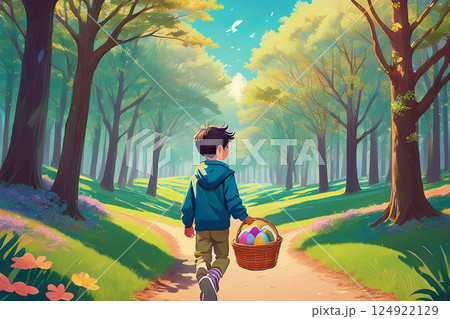 Generative AI Boy Carrying Easter Eggs 124922129