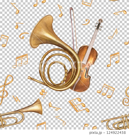 Classical music instruments and musical notes seamless watercolor pattern isolated background. Violin with bow, trumpet, French horn hand painted illustration concert posters, vintage interior decor. 124922438